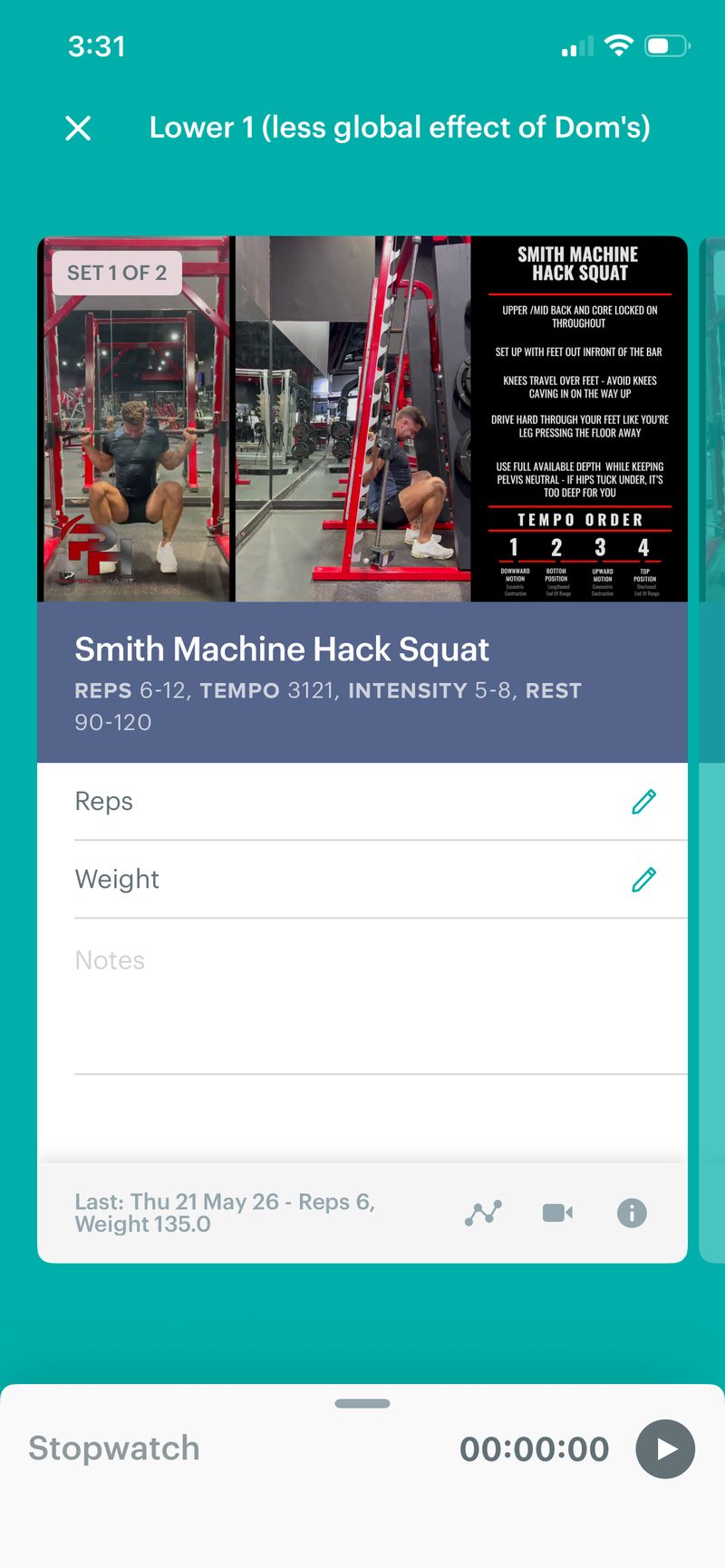 An exercise in the coaching app with video, tempo and coaching cues